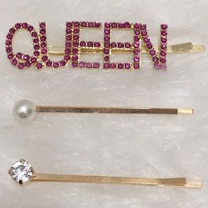 🌹3pc 3/$15 Pink Rhinestone Gold Tone QUEEN Bobby Pins